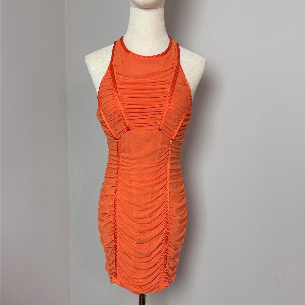 PrettyLittleThing Vibrant Orange Ruched Mini Dress